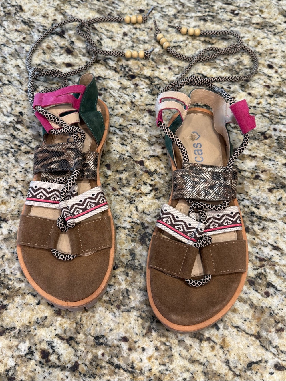 Rocas lace up ankle leather sandals leopard multicolor boho SZ 6.5
